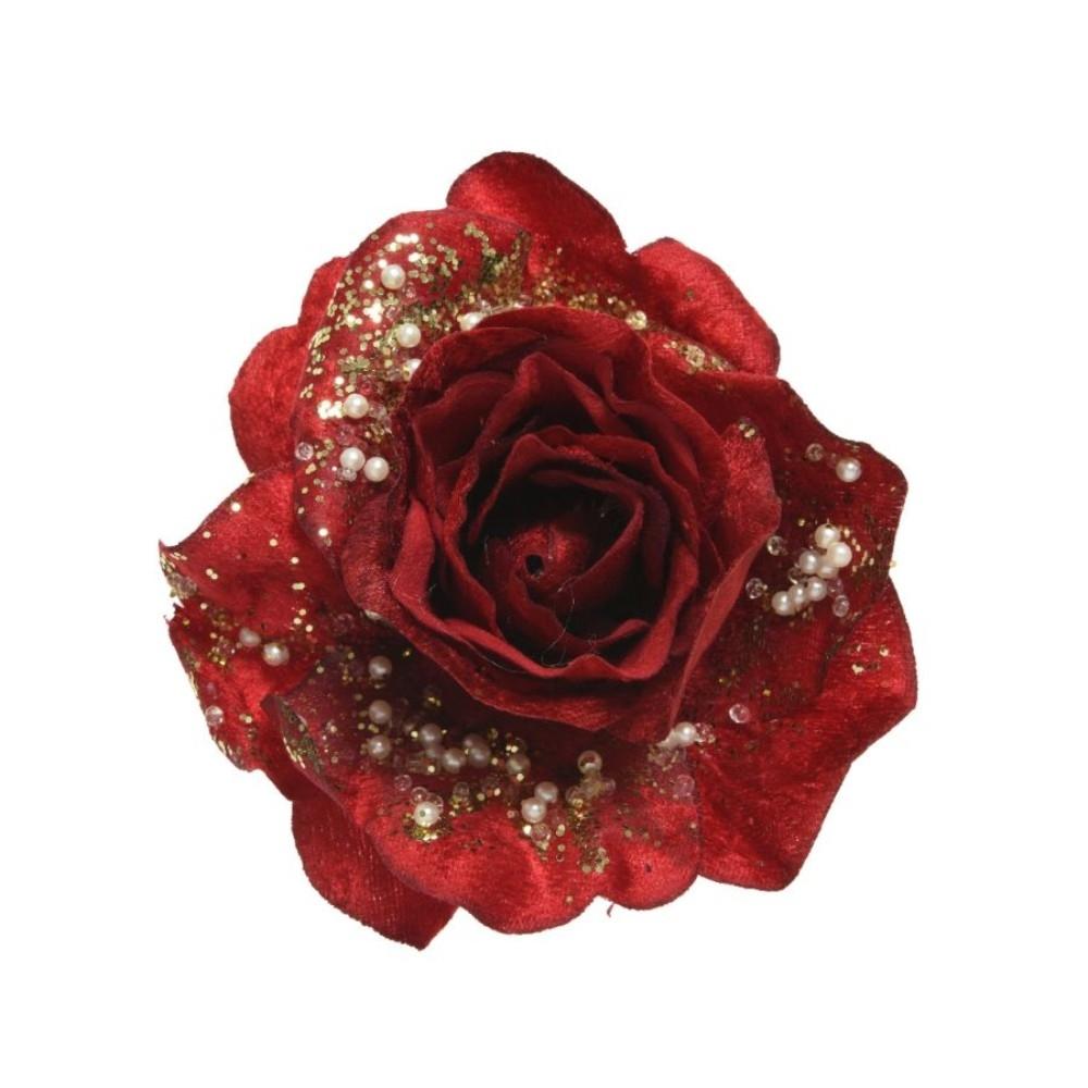 Everlands Clip-On Polyester Rose with Glitter and Pearls 13cm - Christmas Red