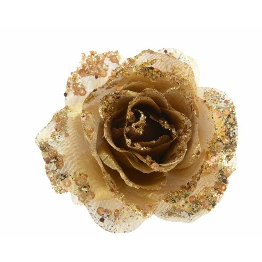 Everlands Clip-On Polyester Rose with Glitter 14cm - Gold Rose