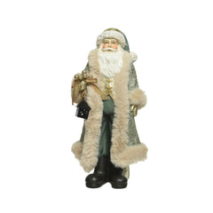 Decoris Polyresin Santa with Lantern and Fur Fabric Coat 30cm - Green