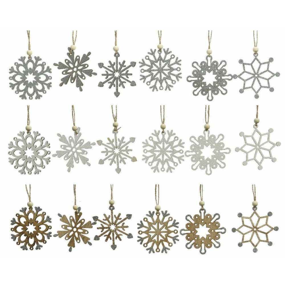 Decoris Hanging Plywood Snowflake with Glitters 6cm - 18 Assorted