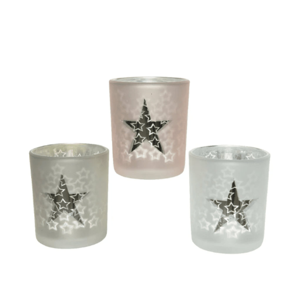 Decoris Glass Tealight Holder with Laser Cut Star Design 8cm - 3 Assorted Colours