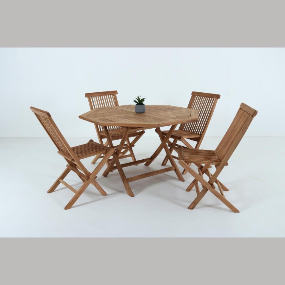 Wooden Teak Octogan Folding Table 120cm with 4 Chairs