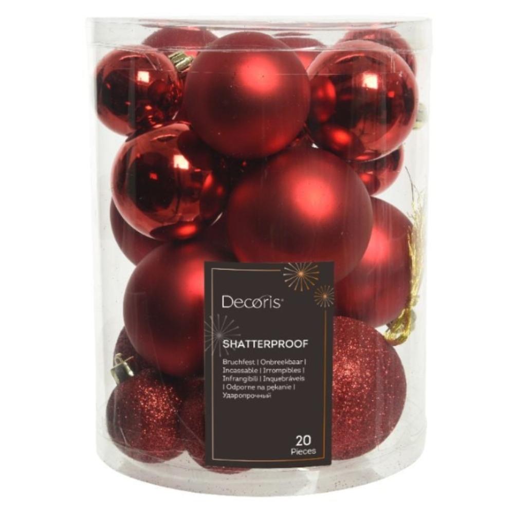 Decoris Shatterproof Baubles Tube of 20 Mixed Sizes - Christmas Red