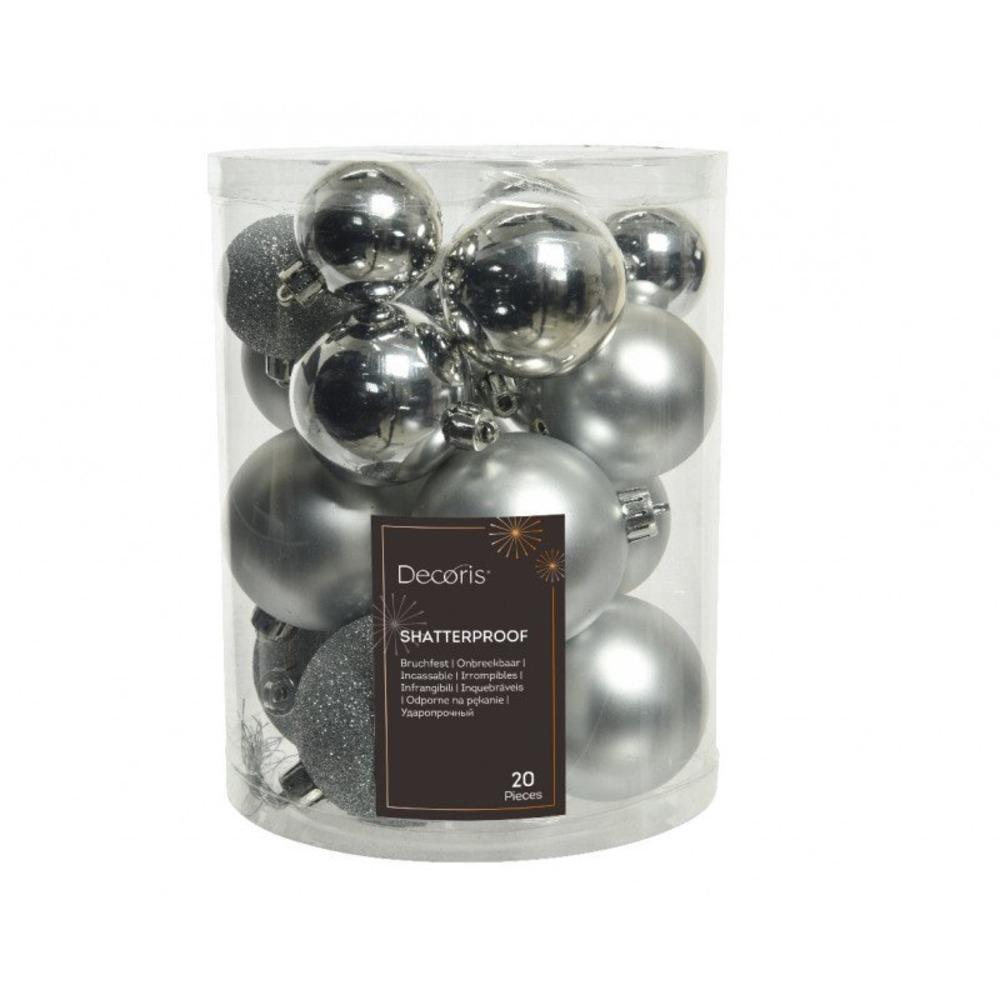 Decoris Shatterproof Baubles Tube of 20 Pieces Mixed Sizes - Silver
