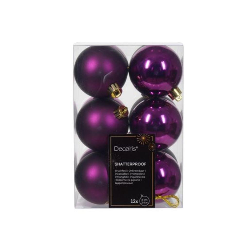 Decoris Shatterproof Baubles Box of 12 Pieces 6cm - Violet