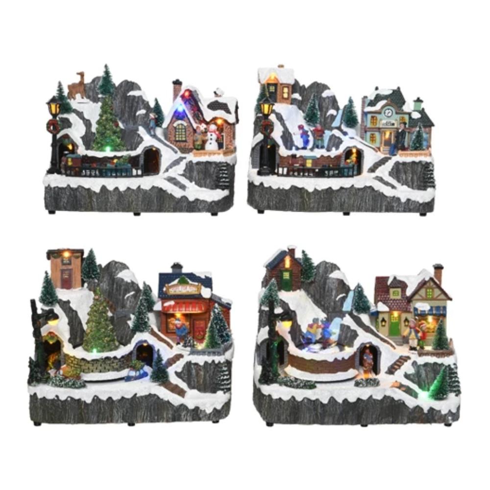 Lumineo BO Village with Rotating Train 15 x 22 x 17cm - 4 Assorted