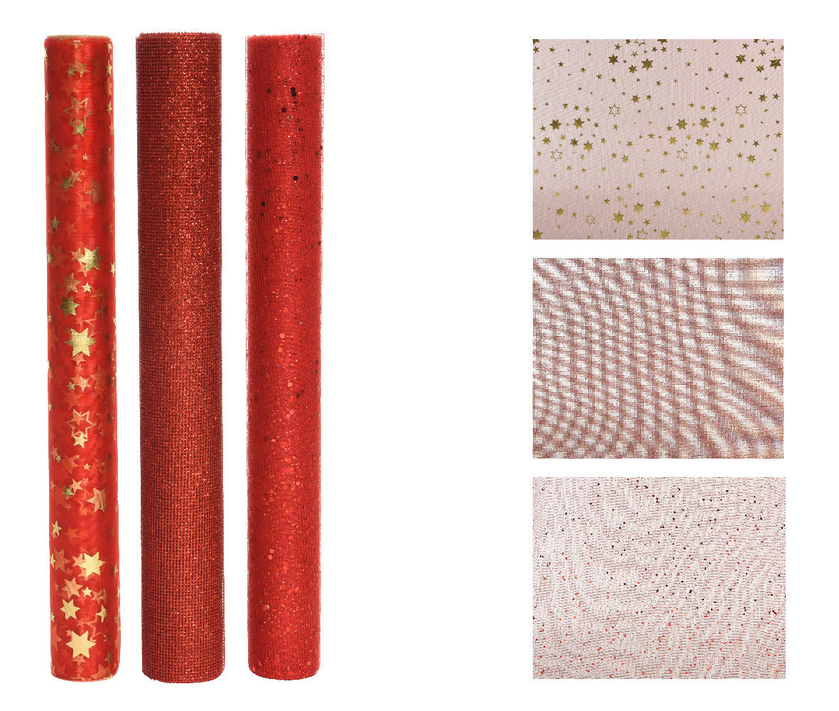 Decoris Polyester Fabric Mesh with Glitter 35 x 200cm - Christmas Red 3 Assorted