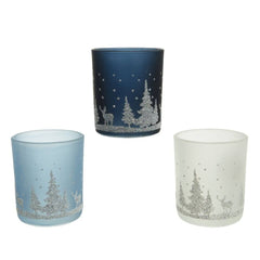 Decoris Glass Tealight Holder with Scenery - 3 Assorted Blues