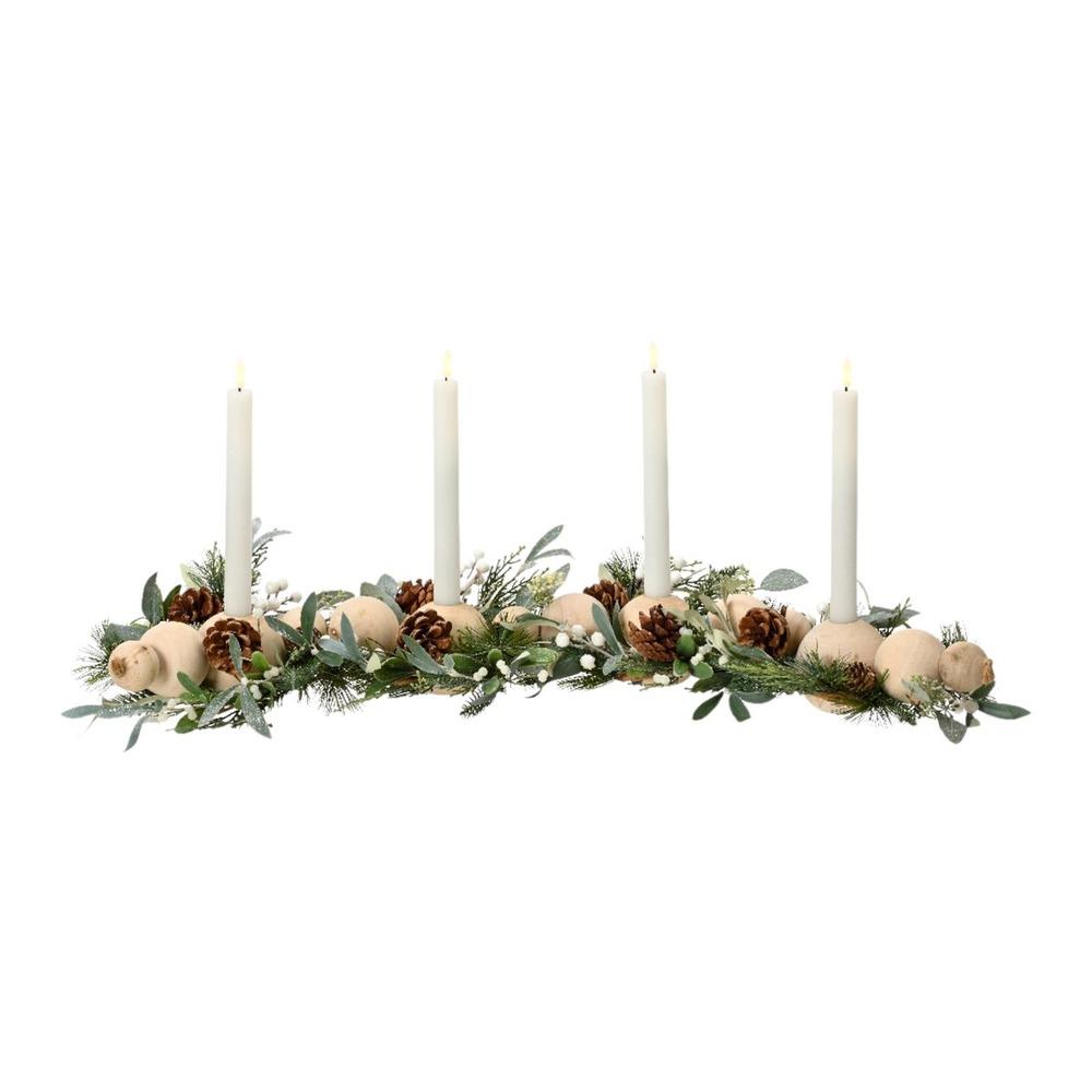 Everlands Modern Tablepiece with Pre-Lit Candle, Wooden Base, Pinecones and Eucalyptus 60cm