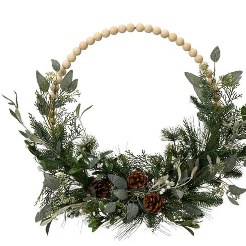 Everlands Modern Wreath with Wooden Ball Frame, Pinecones and Eucalyptus 60cm