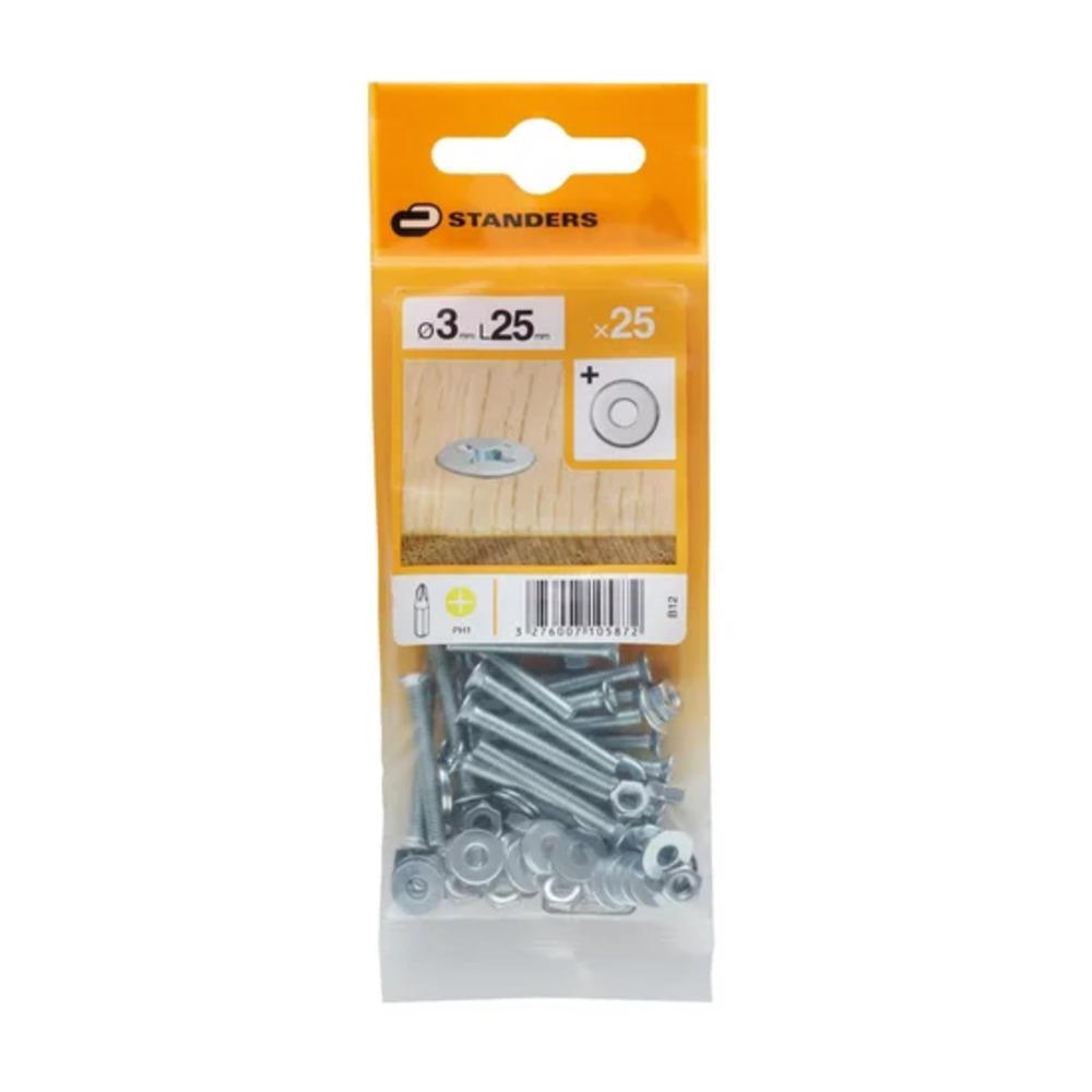 Standers Steel Screw with Washer and Nut 3 x 10mm - 25 Pieces