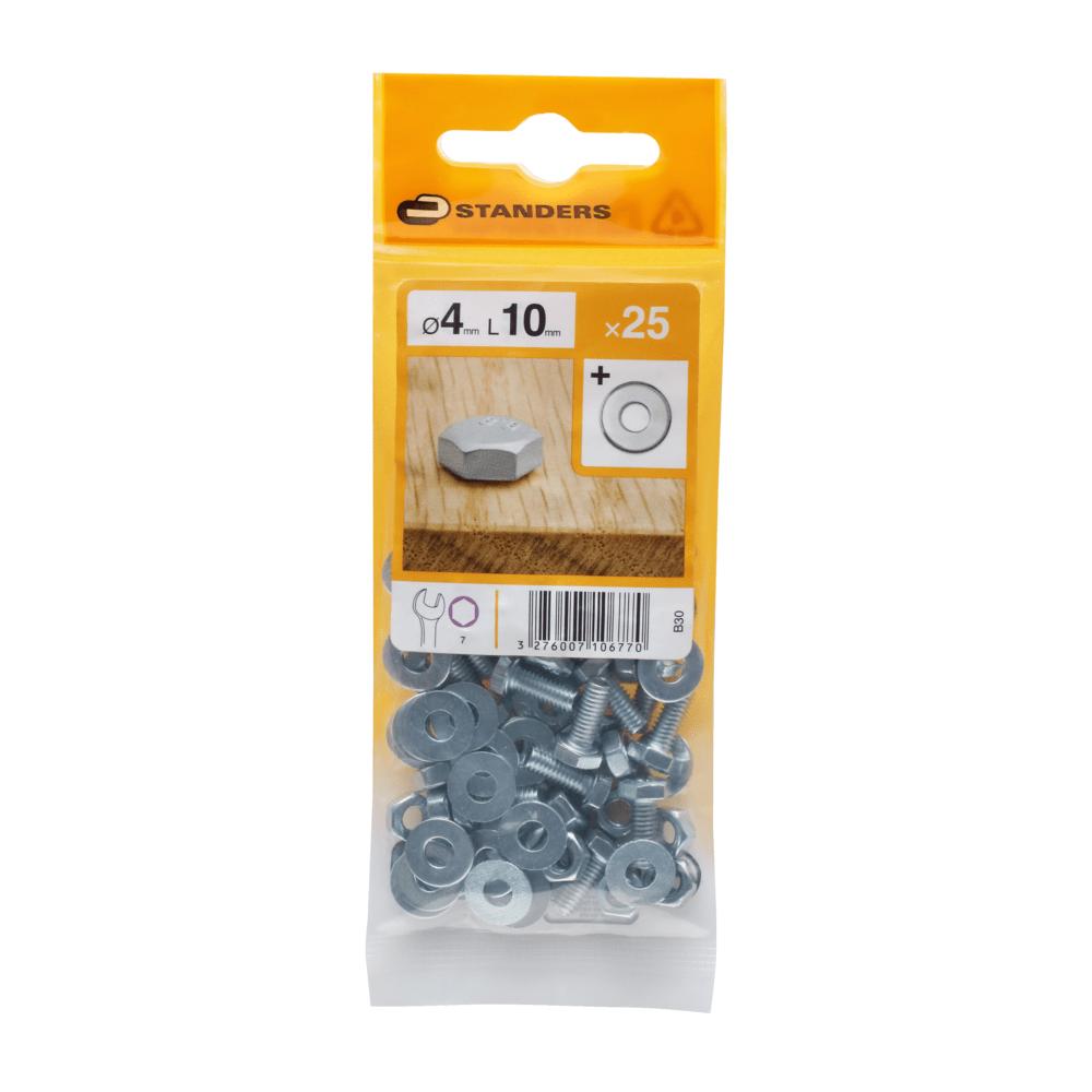 Standers B30 Hex Screw, Nut and 2 Washers Steel 4X10 25Pcs