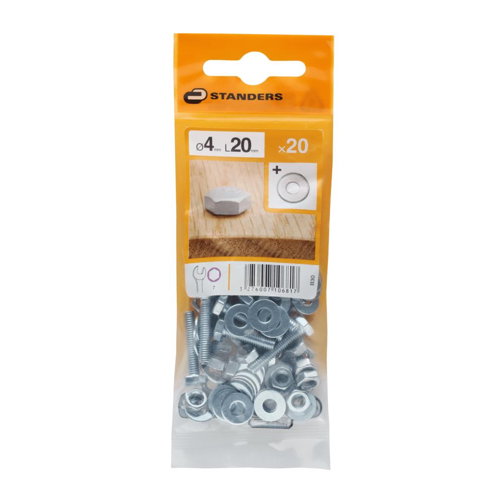 Standers B30 Hex Screw, Nut and 2 Washers Steel 4X20 20Pcs