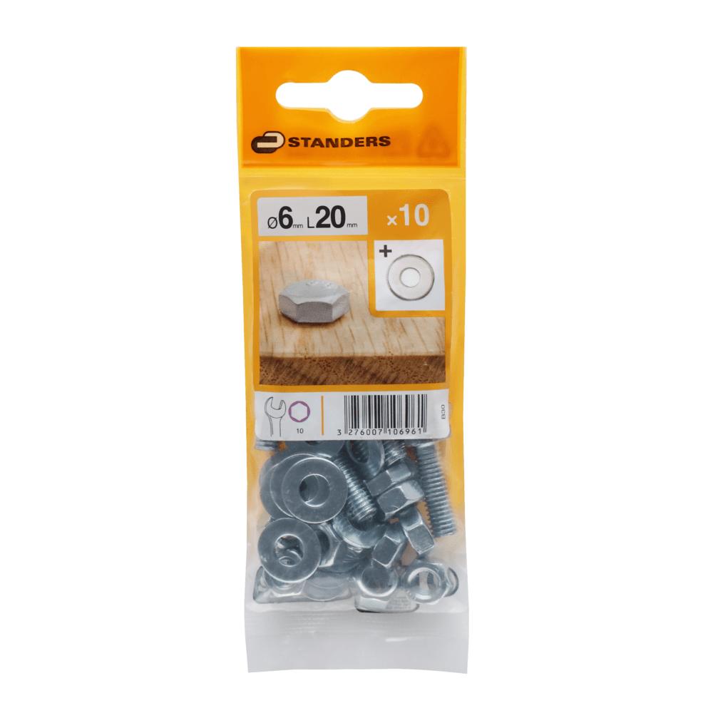 Standers B30 Hex Screw, Nut And 2 Washers Steel 8.8 WZP+CR3 6X20 10pc