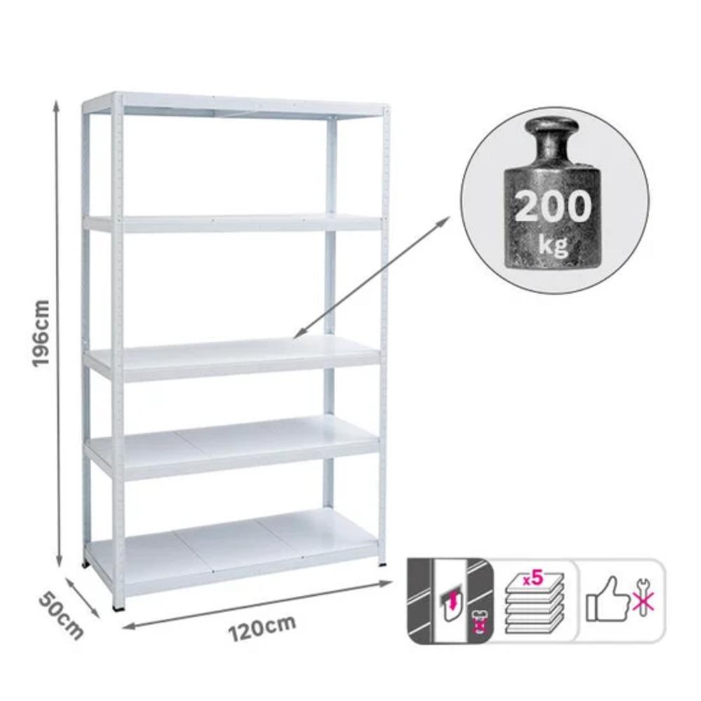 Spaceo Metal Shelf 196X120X50, 200 Kg, 5 T, White