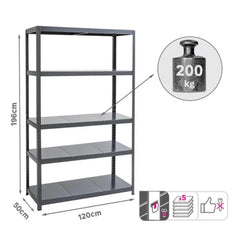 Spaceo Metal Shelf 196X120X50, 200 Kg, 5 T, Black