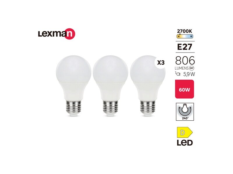 Set of 3 led bulbs, plastic, e27, 806lm = 60w, warm white, lexman