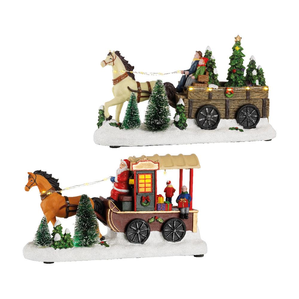 Lumineo BO Led Polyresin Horse Carriage 11 x 30 x 17cm - 2 Assorted