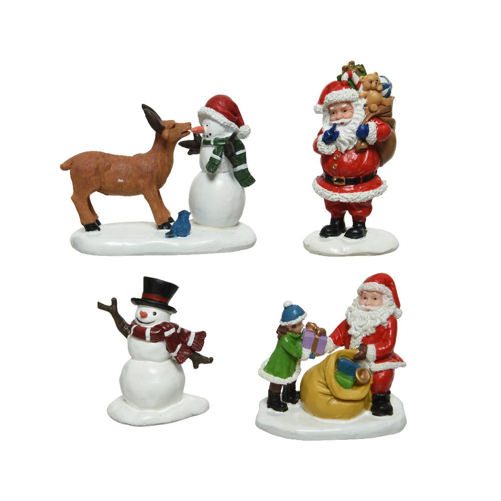 Lumineo Polyresin Village Figurine Set of 4 Pieces - Santa/ Snowman