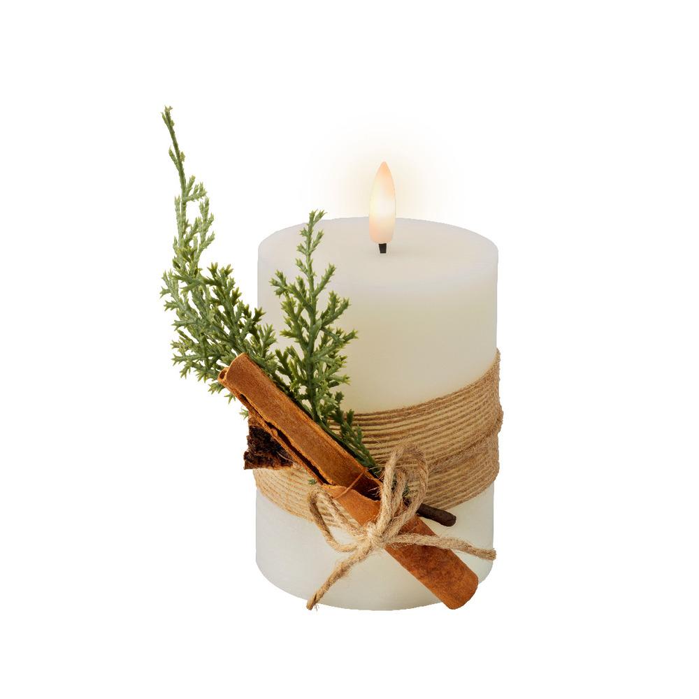 Lumineo BO Led Wax Candle with Flame Effect and Leaves Decorations 7.5 x 13cm - White