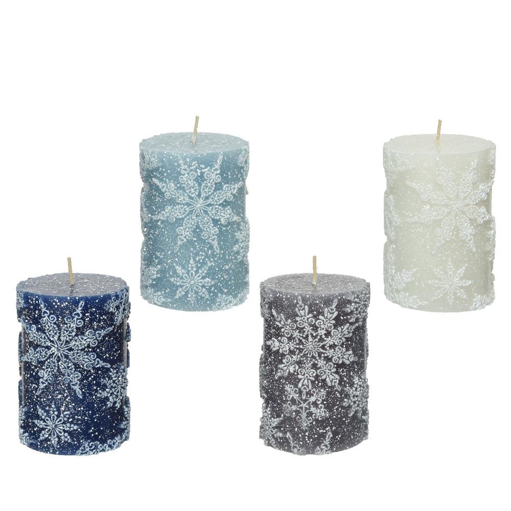 Decoris Pillar Wax Candle with Snow Finish and Embossed Snowflake 7x10cm - 4 Assorted Shades of Blue