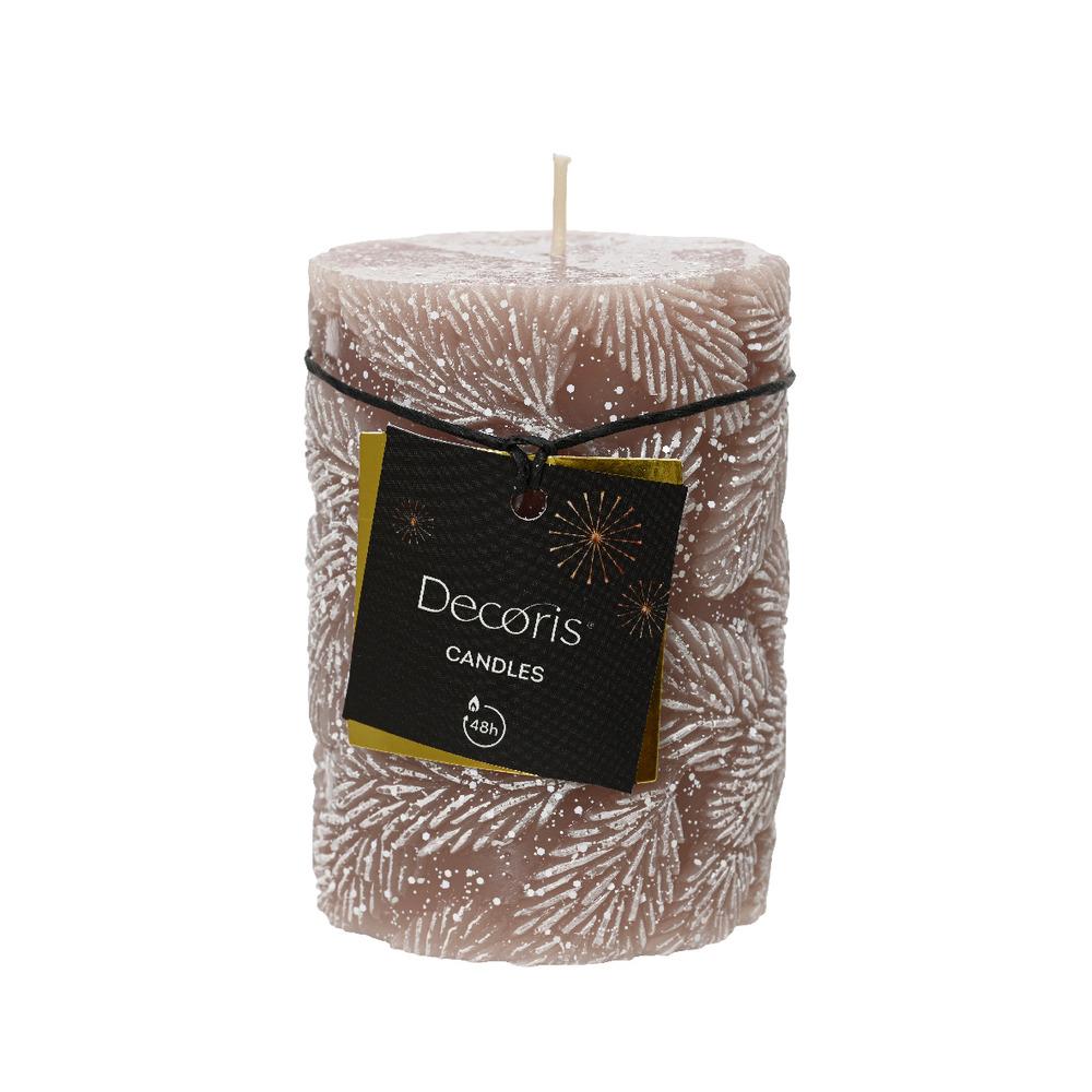 Decoris Pillar Wax Candle with Snow Leaf Relief 7 x 10cm - Pecan Brown