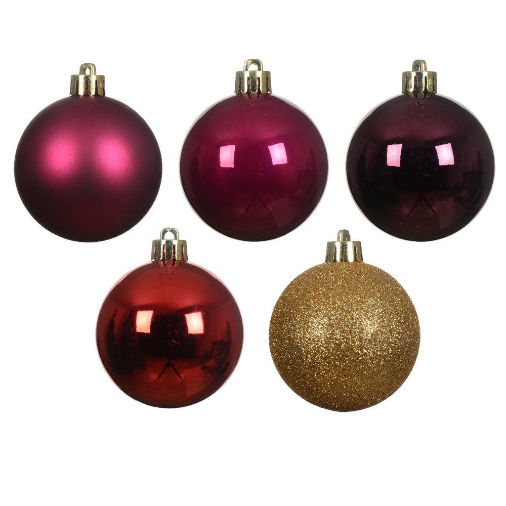 Decoris Shatterproof Bauble Box of 30 Pieces 6cm - Dark Purple, Pomogranate, Red and Light Gold