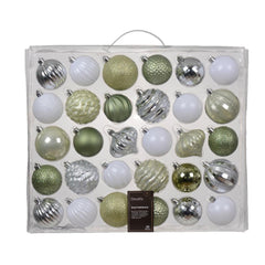 Decoris Shatterproof Bauble Set of 30 Pieces Mixed Sizes - Silver, White and Rosemary Green