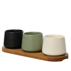 Kitchen Goods Stoneware Tapas Set with Acacia Base 30 x 10cm - Black, Green and White