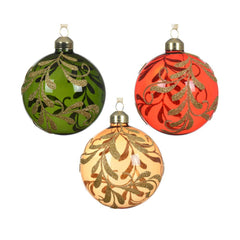 Decoris Glass Bauble with Gold Glitter Leaves 8cm - 3 Assorted Colours