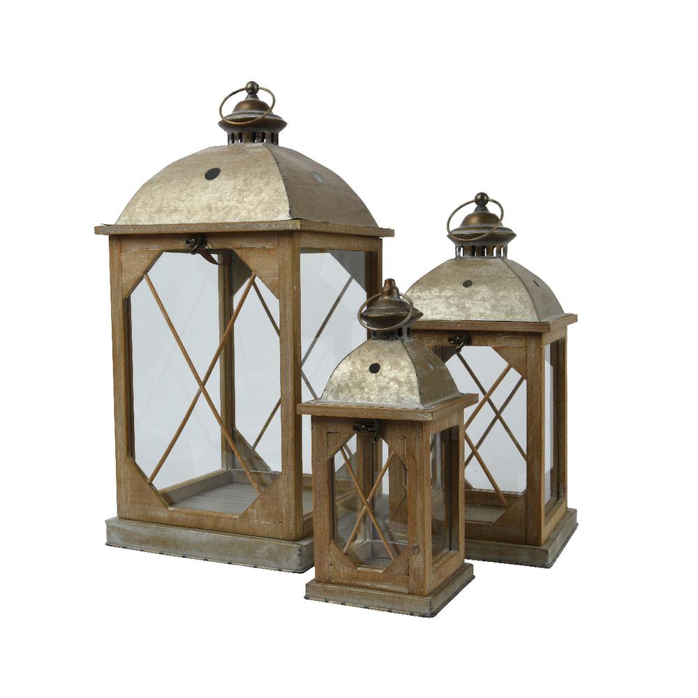 Decoris Firwood Lantern Set of 3 with Glass and Antique Finish