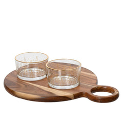 Kitchen Goods Glass Tapas Set with Gold Rim, Tree Pattern and Wooden Tray 33cm