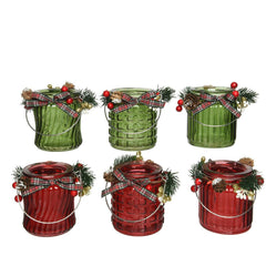 Decoris Glass Tealight Holder with Bow and Berry Branch 10cm - 6 Assorted