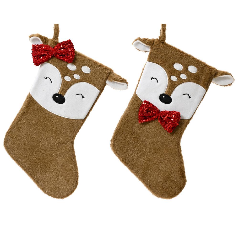 Decoris Polyester Stocking with Deer and Faux Fur 40cm - 2 Assorted