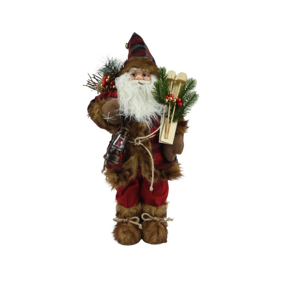 Decoris Polyester Santa Figure with Checkered Patterned Coat and Skis 60cm