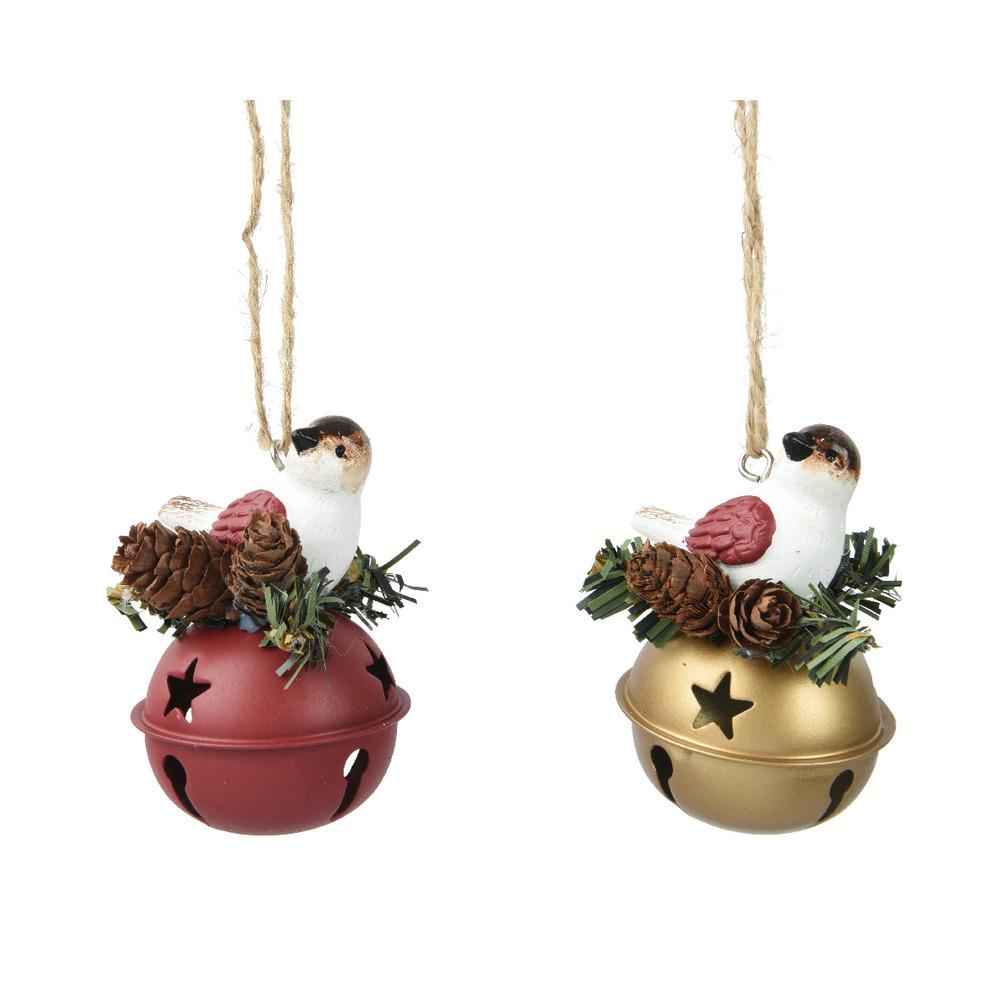 Decoris Hanging Iron Bell with Polyresin Bird 7.5cm - 2 Assorted