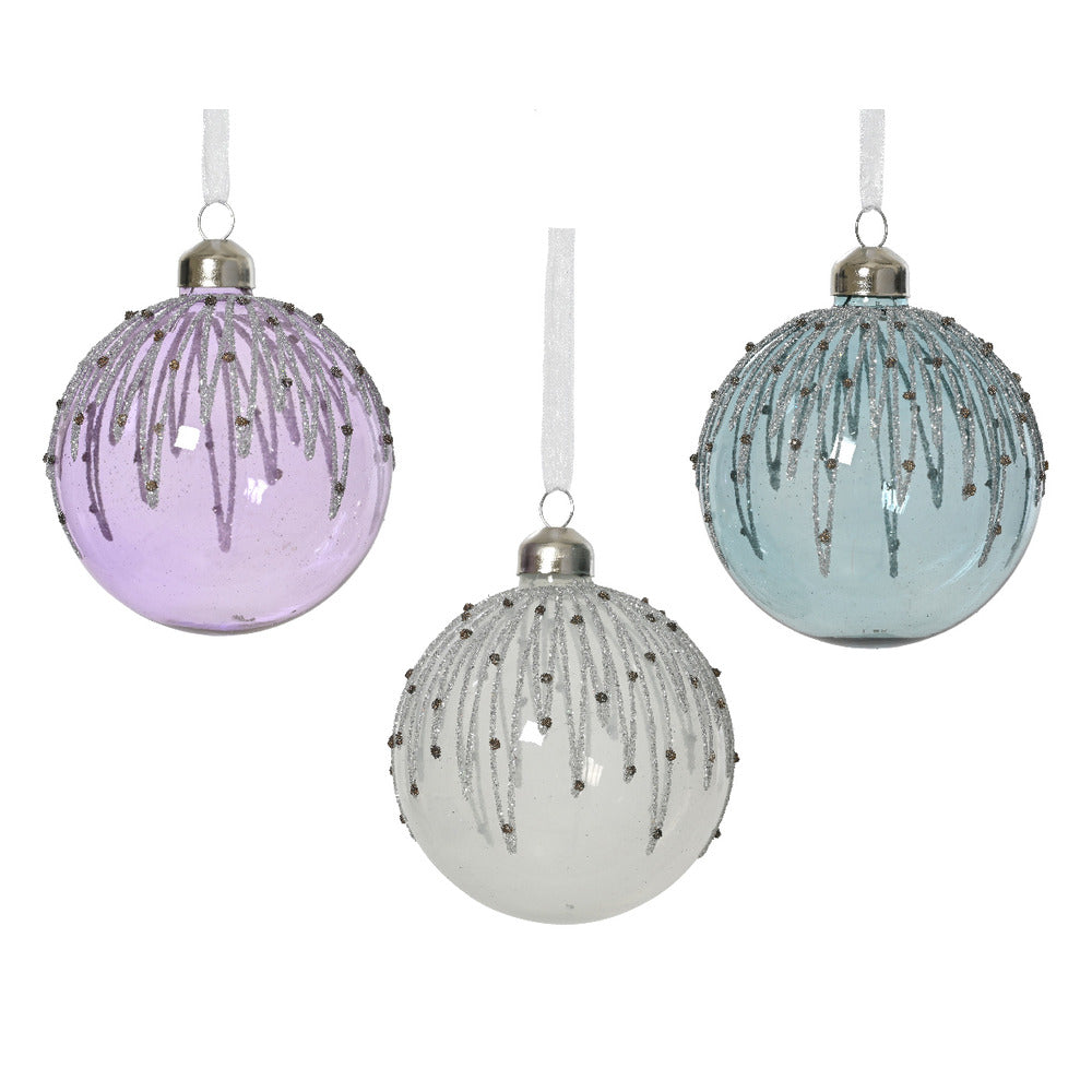 Decoris Glass Bauble with Falling Lines and Gems 8cm - 3 Assorted Shades of Blue