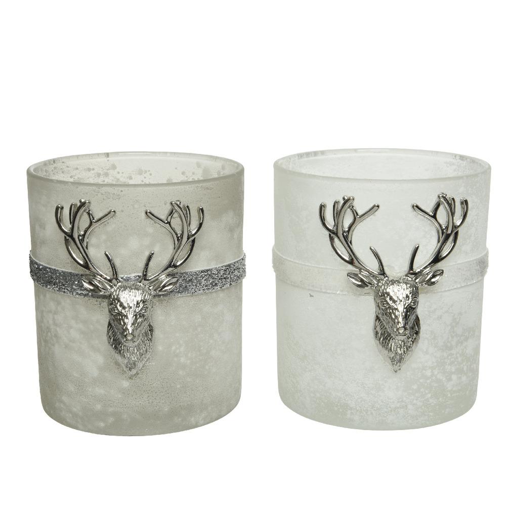Decoris Glass Tealight Holder with Metal Deer Ornament 10cm - 2 Assorted,