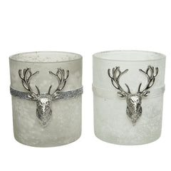 Decoris Glass Tealight Holder with Metal Deer Ornament 10cm - 2 Assorted,
