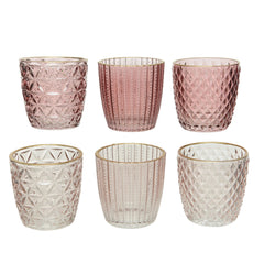 Decoris Glass Tealight Holder with Gold Edge 7.5cm - 6 Assorted Shades of Pink,