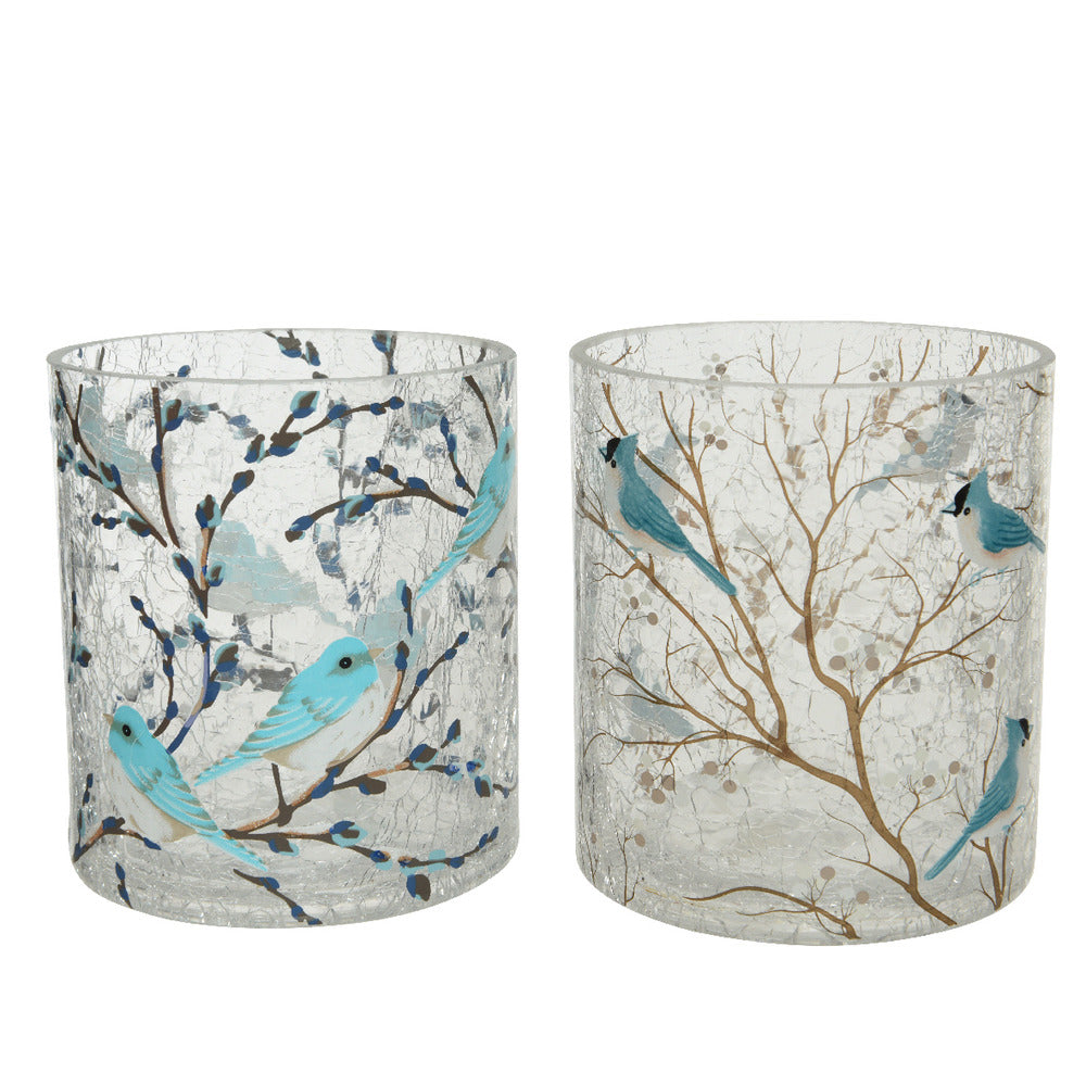 Decoris Glass Tealight Holder with Crackle Bird and Branch Decal 10cm - 2 Assorted,