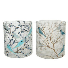 Decoris Glass Tealight Holder with Crackle Bird and Branch Decal 10cm - 2 Assorted,