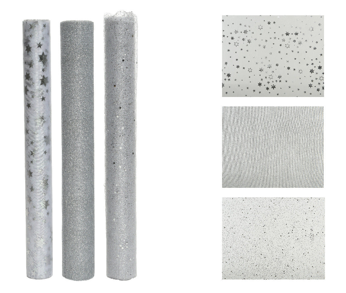 Decoris Polyester Fabric Mesh 35 x 200cm - 3 Assorted Silver,