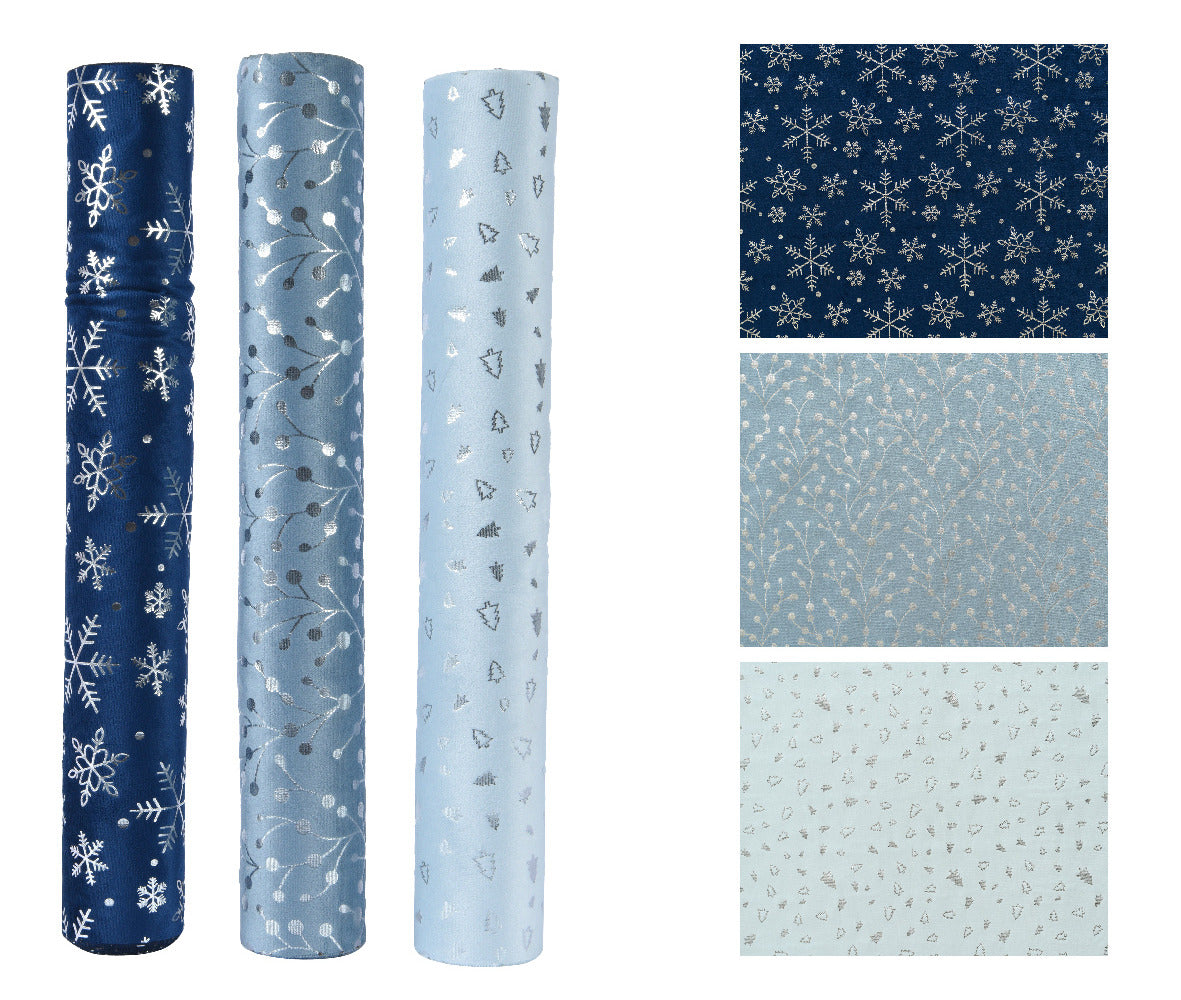 Decoris Polyster Velvet Fabric with Silver Foil Decoration 35 x 200cm - 3 Assorted Shades of Blue,