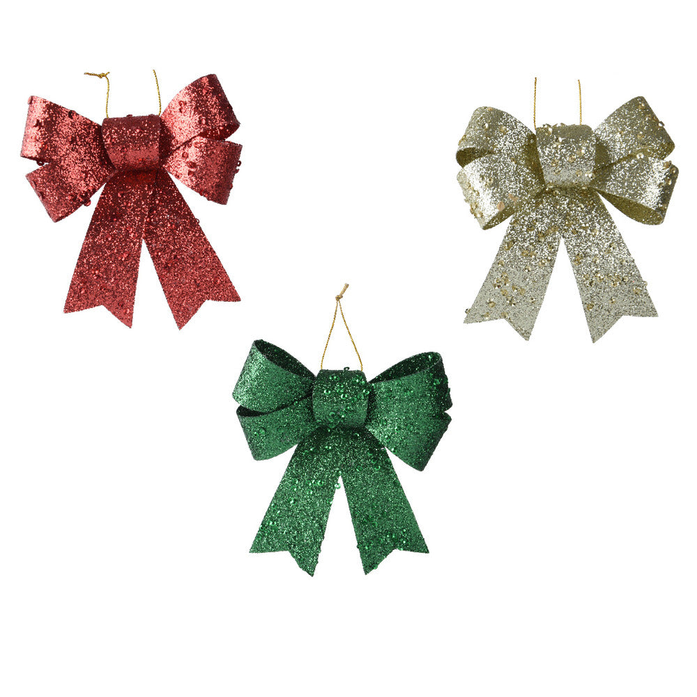 Decoris Hanging Plastic Bow 10cm - Red, Green and Gold,