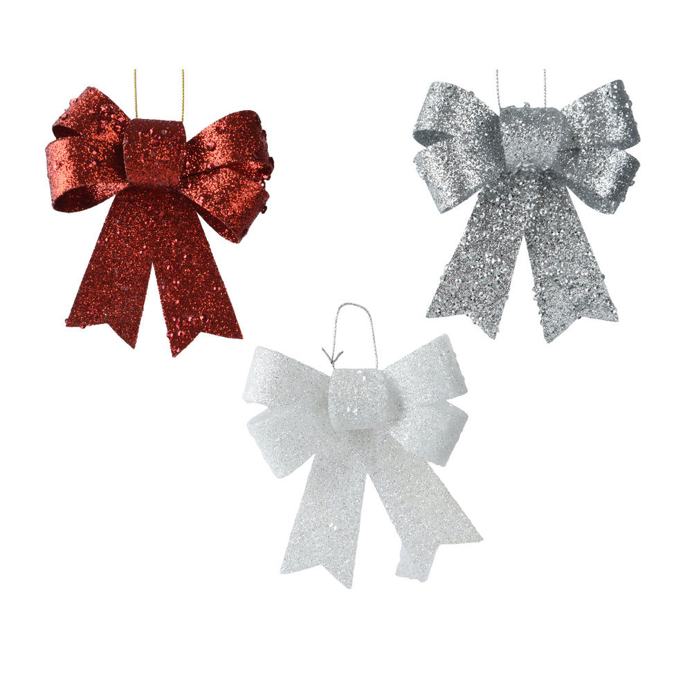 Decoris Hanging Plastic Bow 10cm - Red, Silver and White,
