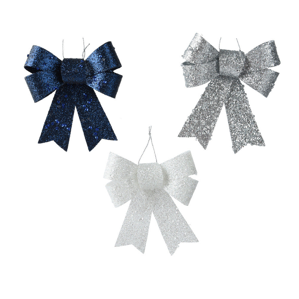 Decoris Hanging Plastic Bow 10cm - Blue, Silver and White,