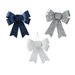 Decoris Hanging Plastic Bow 10cm - Blue, Silver and White,