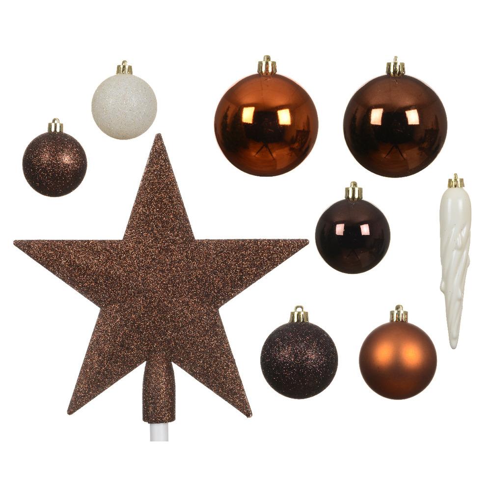 Decoris Shatterproof Bauble Set of 33 Pieces with Star Tree Topper - Wool White, Pecan & Dark Brown,