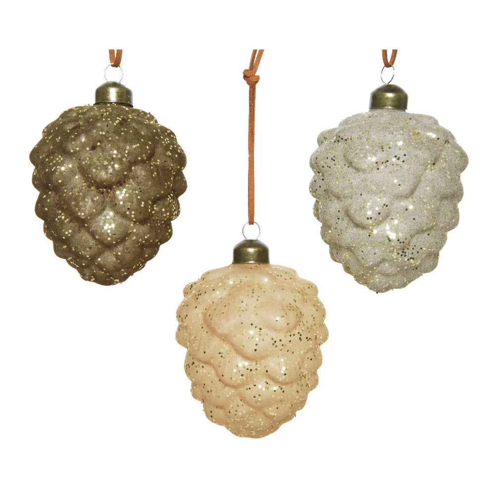 Decoris Hanging Glass Pinecone with Glitter 10cm - 3 Assorted,